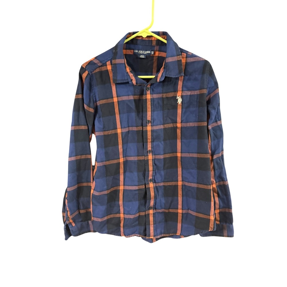 US Polo Assn Boys XXL 18 Plaid Button Down Shirt Navy Blue‎ Orange Long Sleeve